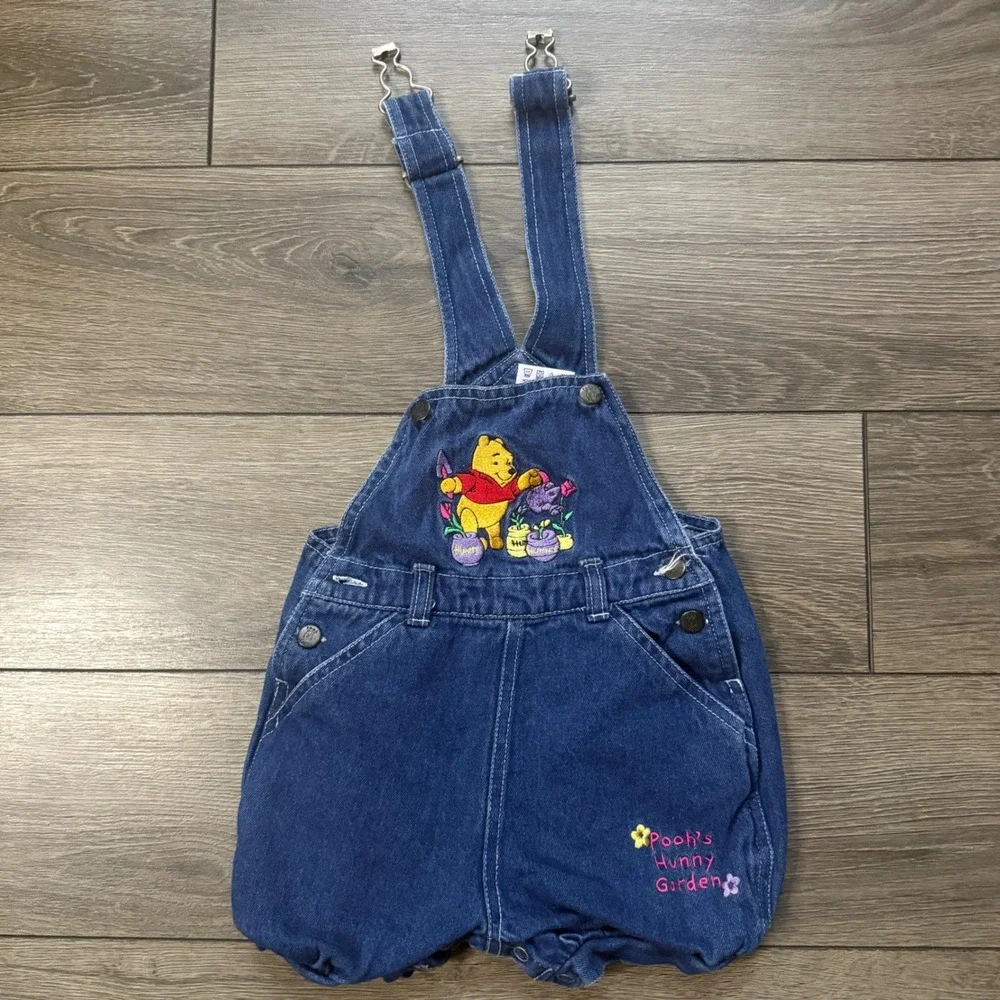 Vintage Disney Winnie the Pooh Denim Shortalls 18M Snap Bottom Y2K Embroidered